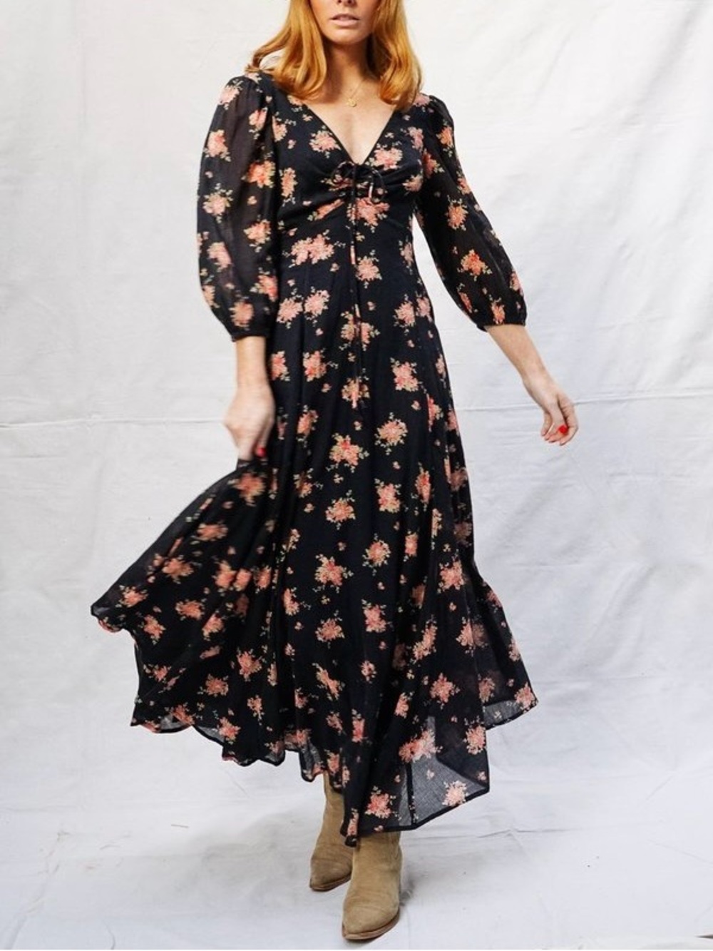 Free People Sea Glass Midi Dress Black Floral Print Dress